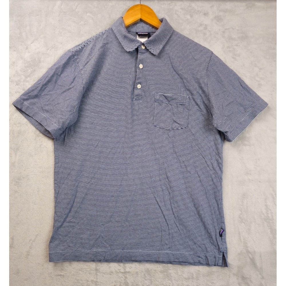 Patagonia Pocket Polo Mens Medium Blue Micro Striped Organic Cotton Shirt
